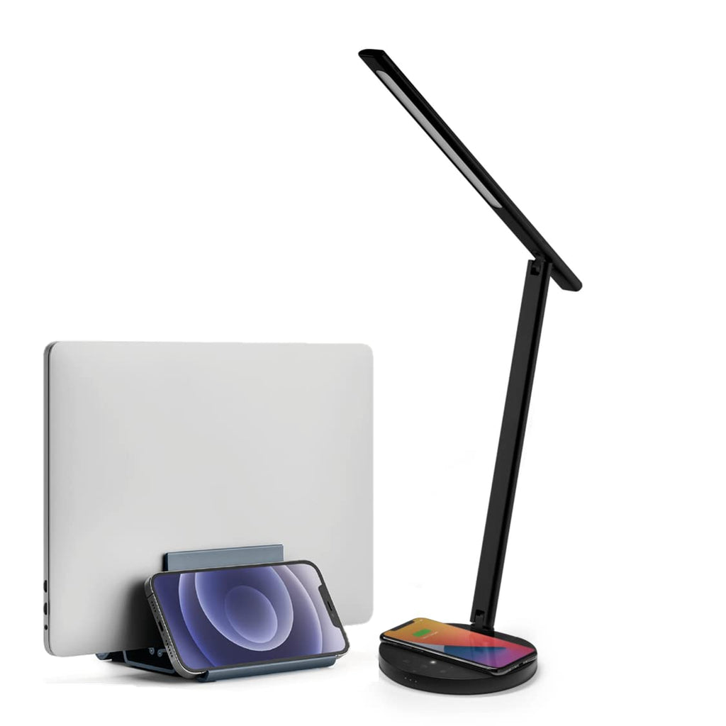 [Australia - AusPower] - MOMAX Smart LED Desk Lamp with Wireless Charger & Auto Locking Vertical Laptop Stand, Eye-Caring Auto-Dimming Lamp with Light Sensor, Voice & APP Control, USB Port, for Home Office, Reading, Studying 