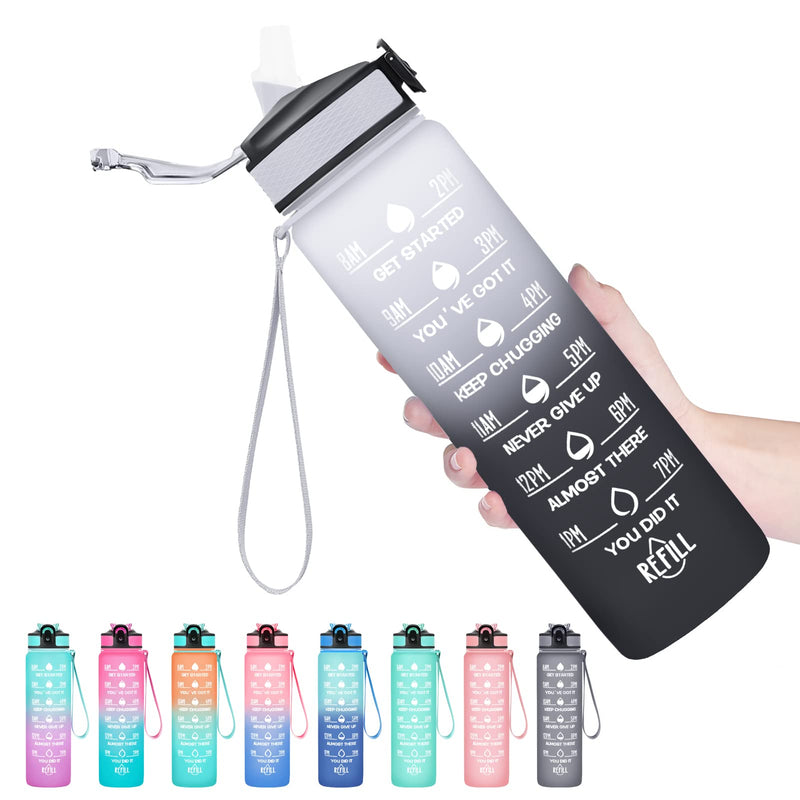 [Australia - AusPower] - HYETA 32 oz Water Bottles with Times to Drink and Straw, Motivational Water Bottle with Time Marker, Leakproof & BPA Free, Drinking Sports Water Bottle for Fitness, Gym & Outdoor, Gray-Black 