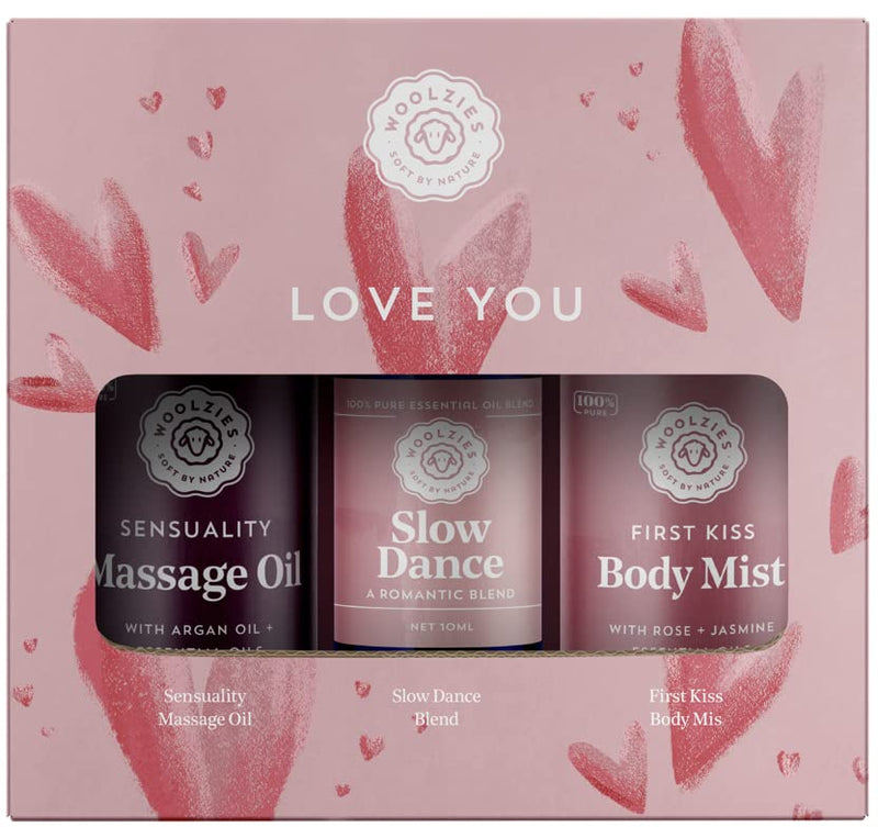[Australia - AusPower] - Love You Gift Set for Women, Massage & Essential Oils | Includes Sensuality Massage Oil, Slow Dance Romantic Essential Oil Blend, & First Kiss Body Mist 
