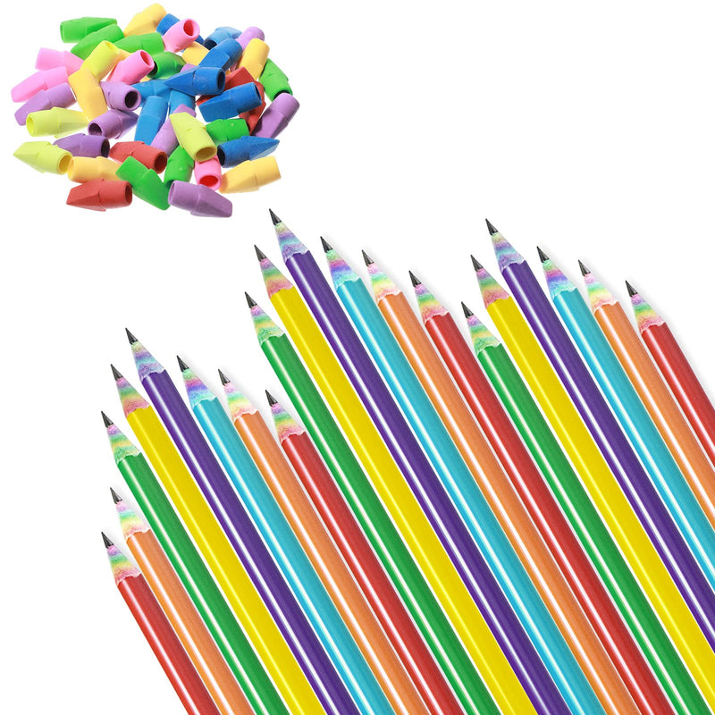 [Australia - AusPower] - 24 Pack Rainbow Paper 2 HB Pencils with 48 Pack Pencil Eraser Toppers Cute Rainbow Pencils Set Colorful Eraser Caps for Pencils for Art Drawing, Writing, Sketching, Office and School Supplies 