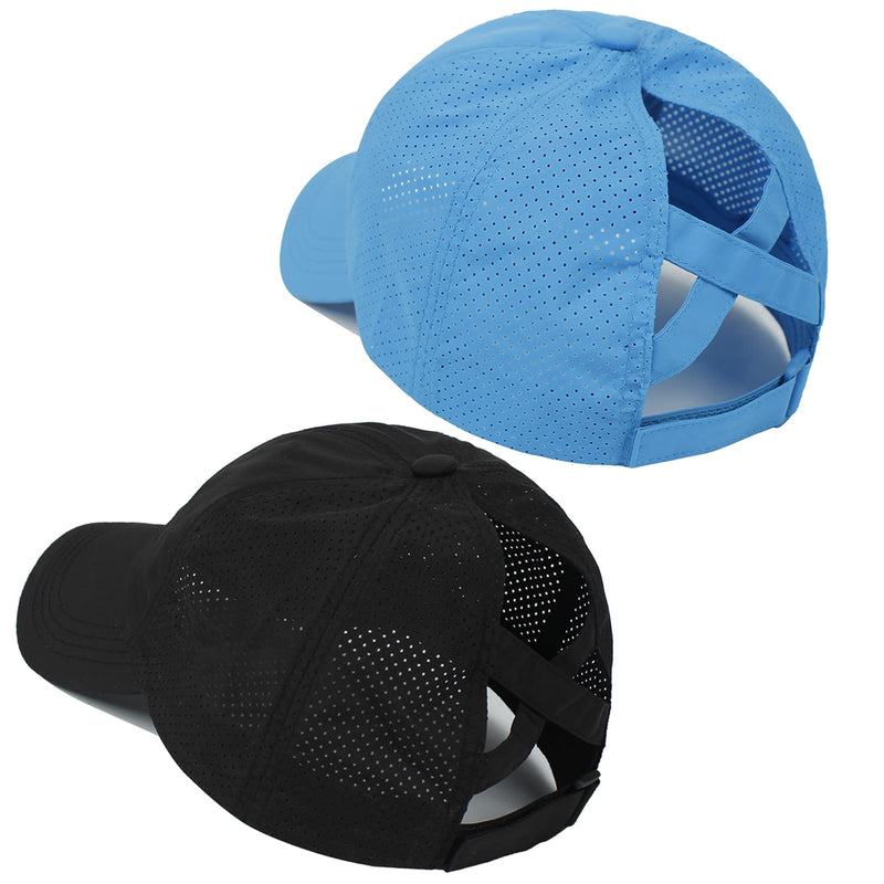[Australia - AusPower] - Muryobao 2 Packs Womens Criss Cross Ponytail Baseball Cap High Messy Bun Ponycap Quick Drying Mesh Outdoor Sports Travel Hat Black & Blue 