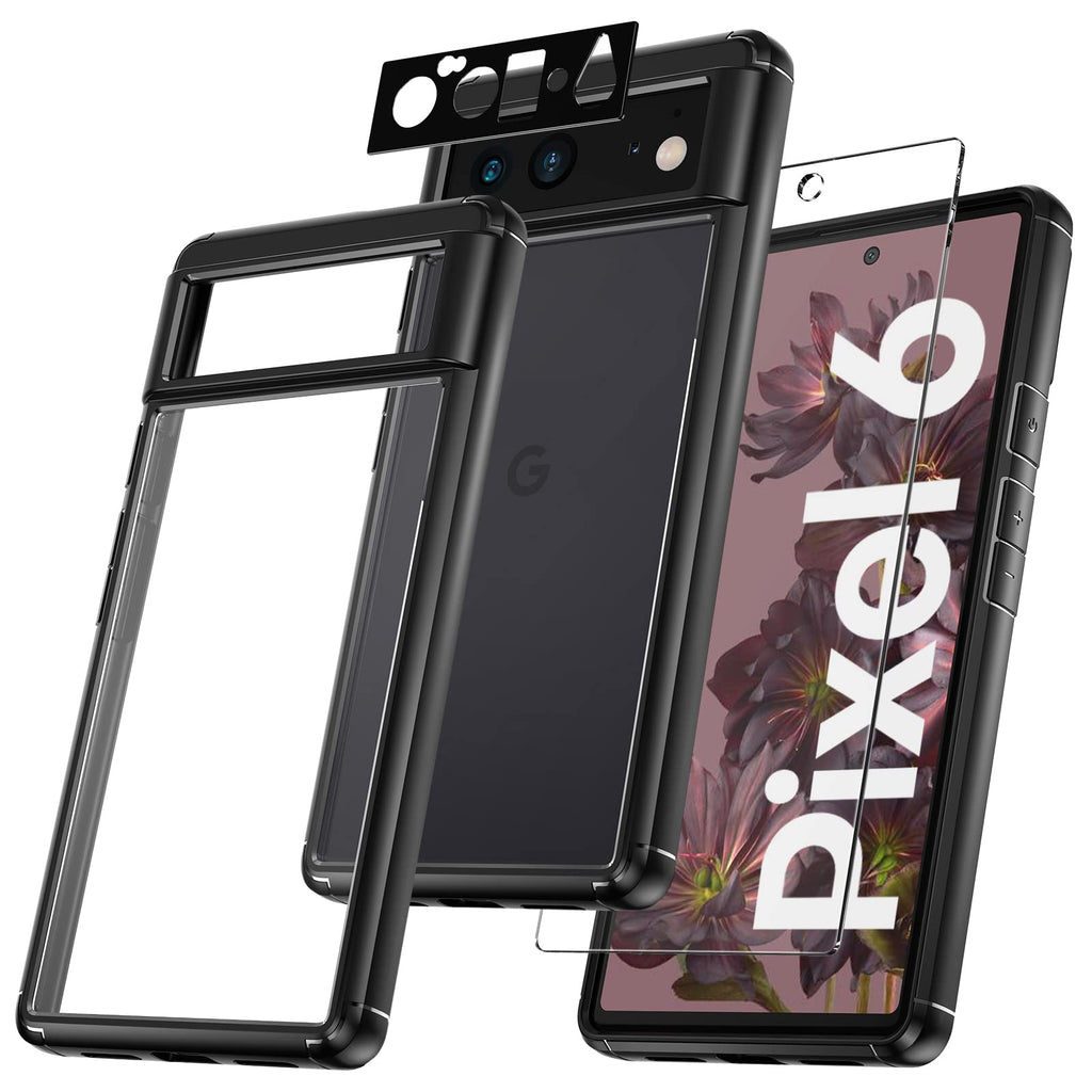 [Australia - AusPower] - TAURI Pixel 6 Case-5 in 1 Designed for Google Pixel 6 Case, with 2 Pack Screen Protector + 2 Pack Camera Lens Protector, [Military Grade Protection] Slim Shockproof Case for Pixel 6 5G Black 