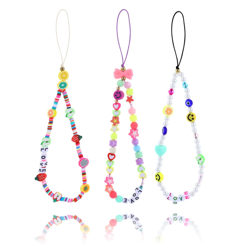 [Australia - AusPower] - Sibba 3Pcs Smiley Face Evil Eye Beaded Phone Charm String Colourful Beads Lanyard Wrist Strap Anti-Lost Polymer Clay Phone Chain Fruit Star Letter Pearl Mobile Phone Charms Bracelet Key Chain 