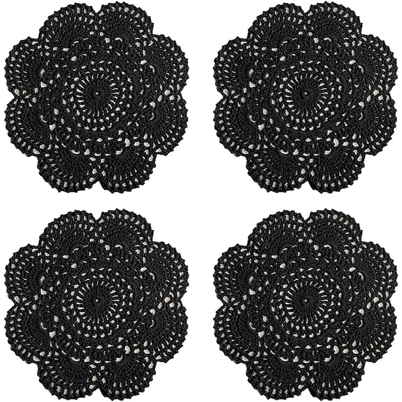 [Australia - AusPower] - 8 Inch Doilies Crochet Round Lace Doily Handmade Placemats 100% Cotton Crocheted Coasters, 4PCS (Black) Black 