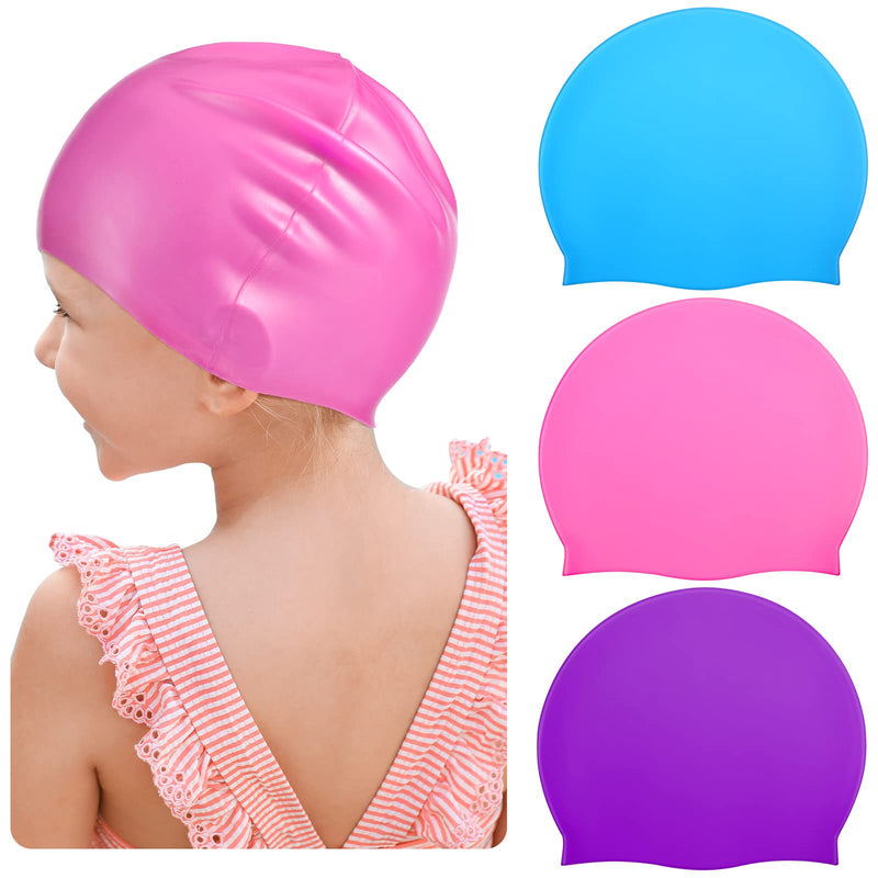[Australia - AusPower] - 3 Pieces Kids Swim Caps for Long Hair Silicone Swimming Cap for Girls Boys Kids Teens with Long Curly Hair Braids Dreadlocks Large Waterproof Swim Hat Plain Style Pink, Light Blue, Purple 