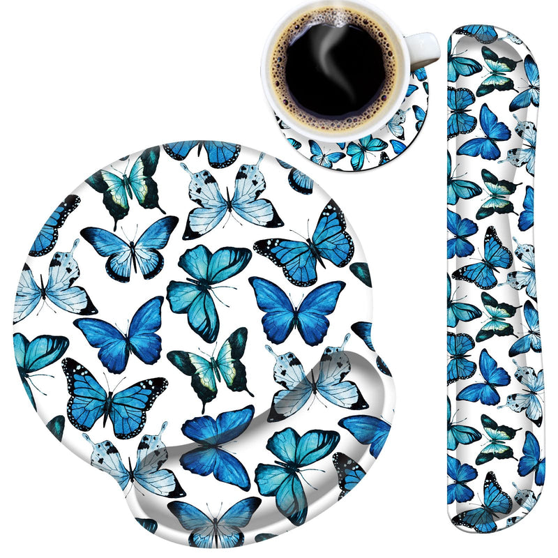 [Australia - AusPower] - Mouse Pad Wrist Support and Keyboard Wrist Rest Pad with Coaster,Non-Slip Rubber Base Ergonomic Gaming Mousepad for Home Office Working Studying Easy Typing & Pain Relief,Blue Butterflies Blue Butterflies 