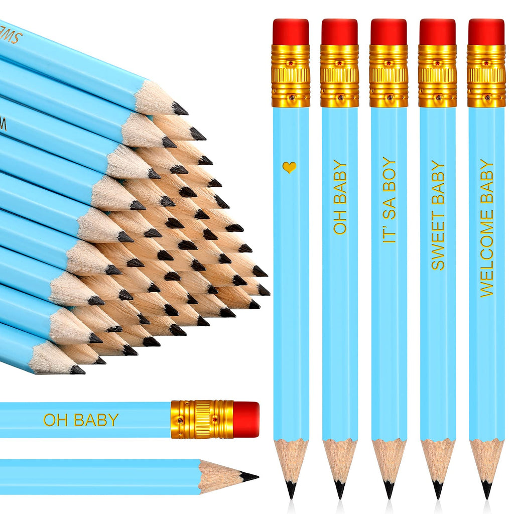[Australia - AusPower] - 50 Pieces Half Pencils Baby Shower Pencils Sharpened Pencils with Erasers Pencils for Baby Shower Presharpened Pencils Woodcase Pencils for Baby School Golf Office Supplies, 4 Inch (Blue, Boy Style) Blue 