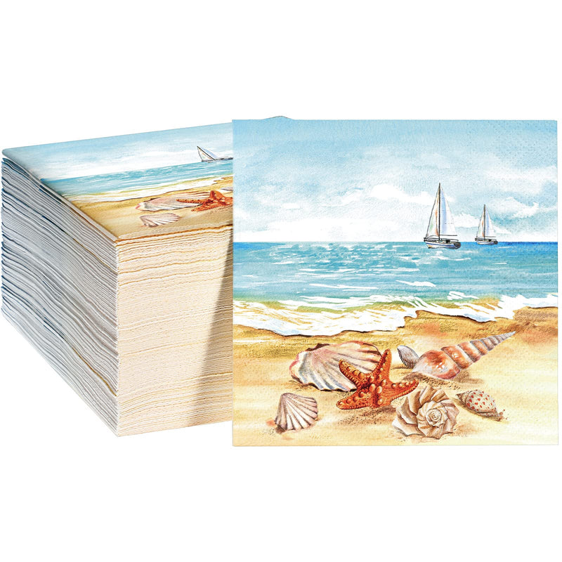 [Australia - AusPower] - 100 Pcs Nautical Beach Guest Napkins Summer 3 Ply Disposable Paper Beach Disposable Guest Towels Beach Dinner Napkins with Starfish Sea Shore Design for Summer Holiday Party Tableware Supplies 