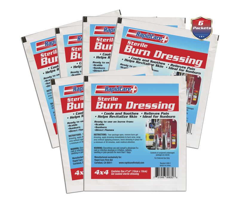 [Australia - AusPower] - Rapid Care First Aid 404-6 Hydrogel Burn & Wound Care Dressing Pads, Soothes & Protects All Burns, Cuts & Wounds, Contains Aloe Vera, Lidocaine Free, 4" x 4", Pack of 6,Red, White & Blue 