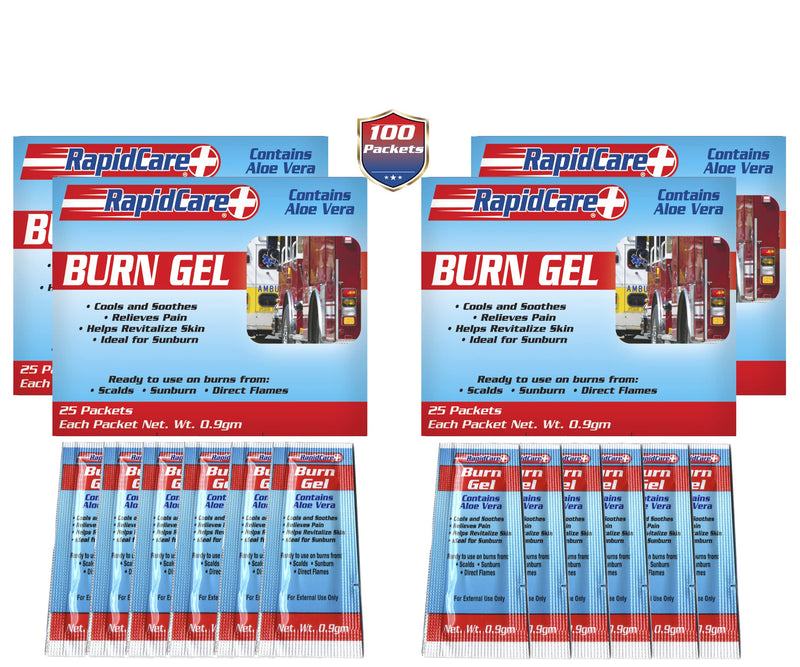 [Australia - AusPower] - Rapid Care First Aid 401-25-4 Emergency Burn Gel Pouches with Aloe Vera, Relieves Pain, Cools, Soothes Burns & Scalds, Lidocaine Free, 0.03oz (0.9gm) Packets, 4 Packs of 25 (Total 100) 