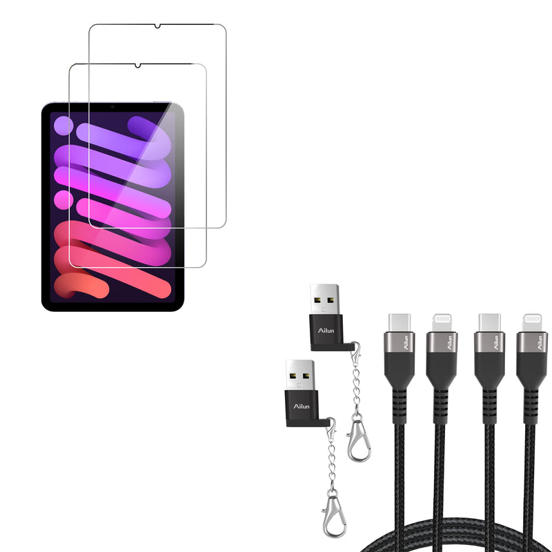 [Australia - AusPower] - Ailun Screen Protector Compatible with iPad Mini 6[8.3 Inch] [2021 Release] 2Pack Tempered Glass and USB C to Lightning Cable 2Pack and USB C Female to USB A Male Adapter with Keychain 