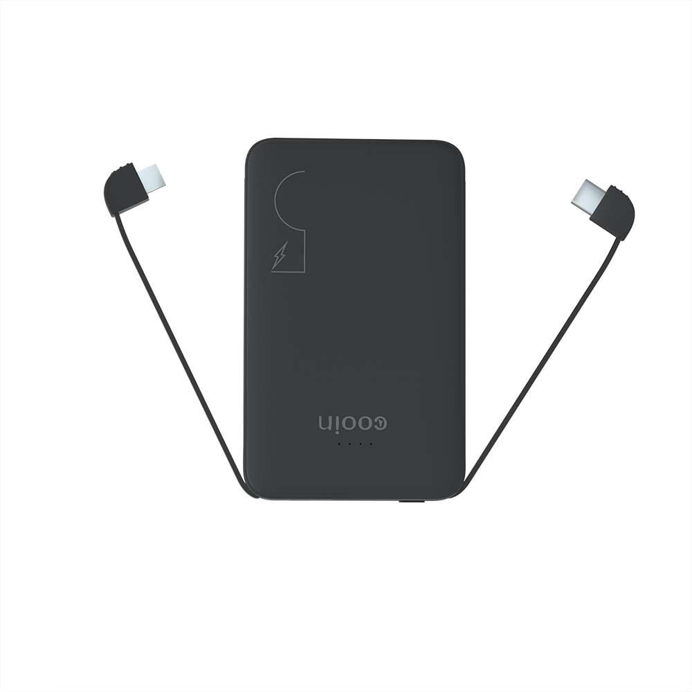 [Australia - AusPower] - Power Bank with Built-in Type-C, Micro USB Cable and with iPhone Adapter, COOIN 5000mAh Portable Charger, Thin Slim External Batteries for Both iPhone and Android Phone Power Packs，Black 