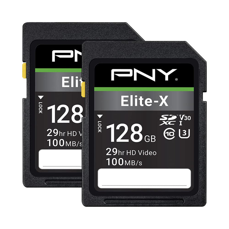 [Australia - AusPower] - PNY 128GB Elite-X Class 10 U3 V30 SDXC Flash Memory Card 2-Pack - 100MB/s, Class 10, U3, V30, 4K UHD, Full HD, UHS-I, Full Size SD 128GB 2-Pack 