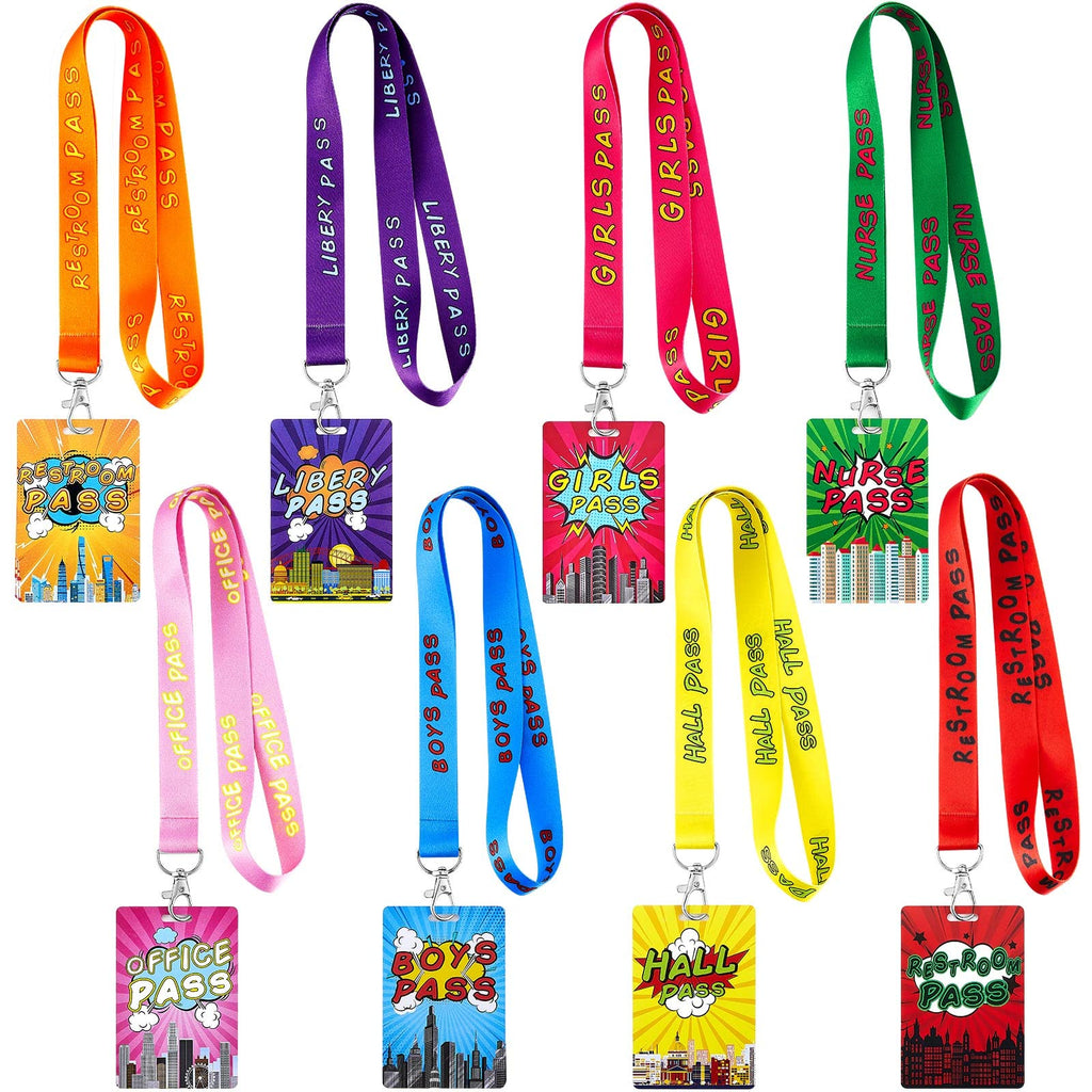 [Australia - AusPower] - 8 Packs Hall Pass Lanyards Bright Color School Passes with Unbreakable Lanyard PVC Passes Set for Nurse Restroom Bathroom Library Office Classroom Teacher Supplies 