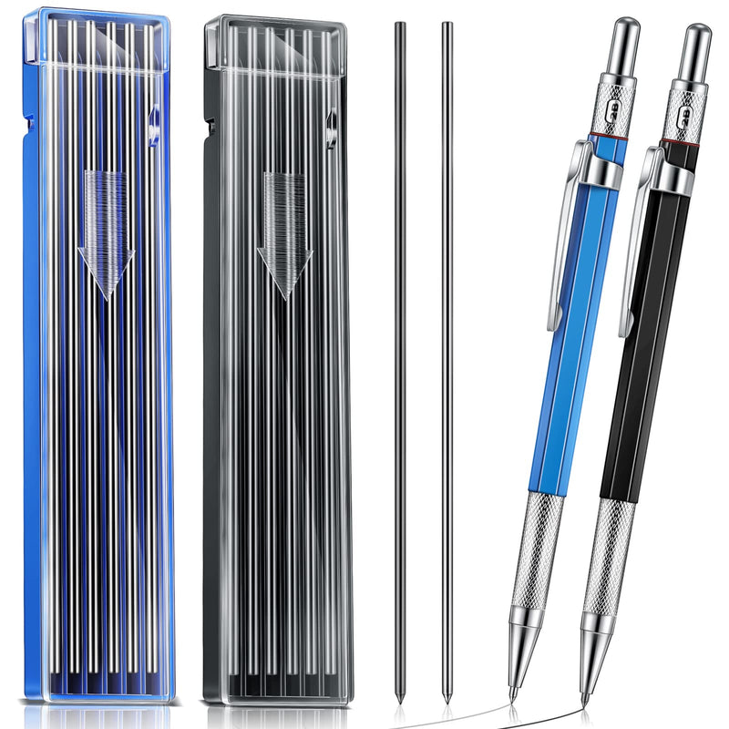 [Australia - AusPower] - 2 Pcs Silver Streak Welder Pencil with 2 Boxes 2.0 mm Round Refills Metal Marker Mechanical Carpenter Pencils with Built in Sharpener for Construction Workers, Metal Work, Welders, Plumbers, Framers 