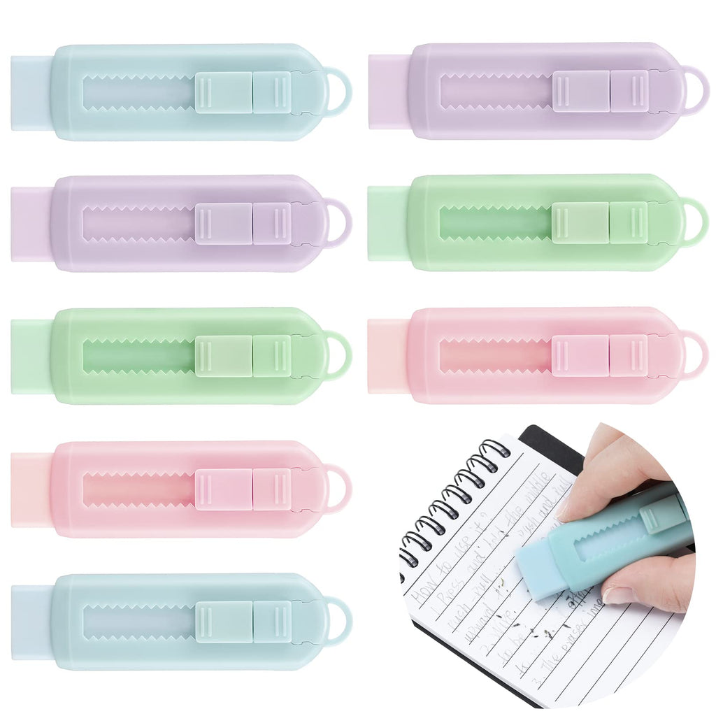 [Australia - AusPower] - 8 Pcs Sliding Retractable Click Pencil Eraser 4 Assorted Colors Pastel Erasers Push Pull Aesthetic Erasers with Plastic Sleeve for Students Kids, School Office Home Supplies 