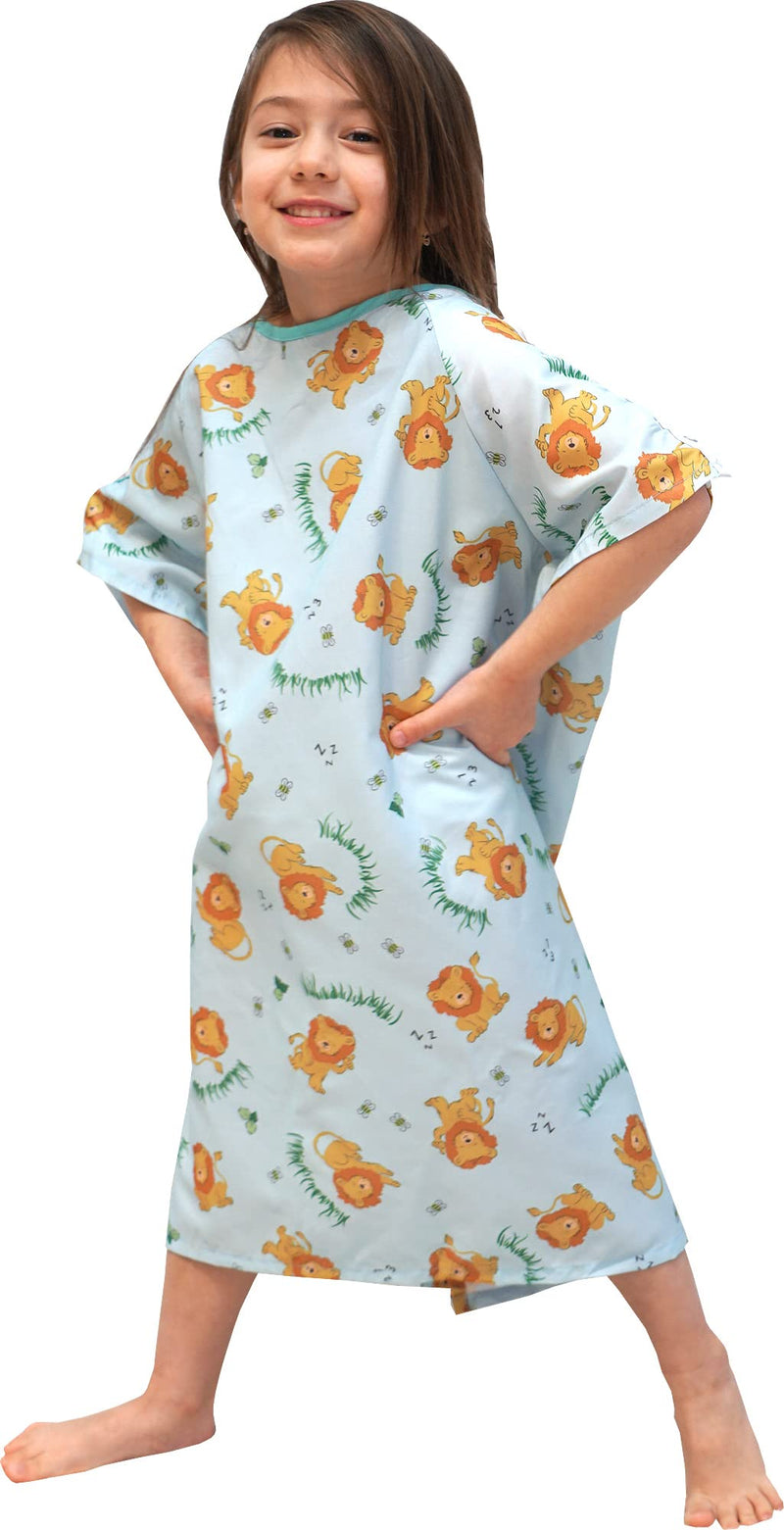 [Australia - AusPower] - 3 Pack - Pedatric IV Gown, Woven, 100% Polyester, Lazy Lion Blue Background (4 to 6 Year Old) 