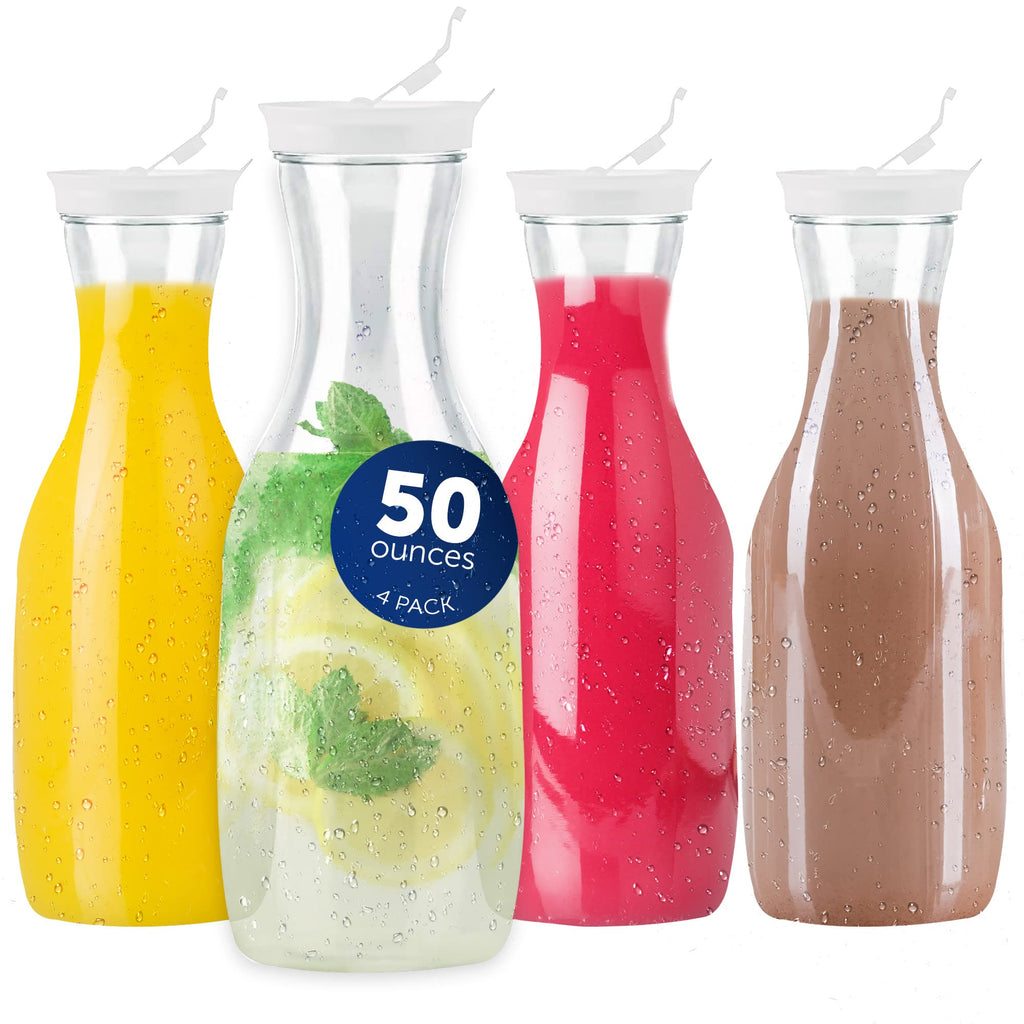 [Australia - AusPower] - DecorRack 4 Large Water Carafes, Bottles with Flip Top Lid, 50 Oz Each, -BPA Free- Plastic Juice Pitcher, Decanter, Jug, Serve Fridge Cold Iced Tea, for Outdoors, Picnic, Parties, NOT DISHWASHER SAFE 4 Pack Clear 