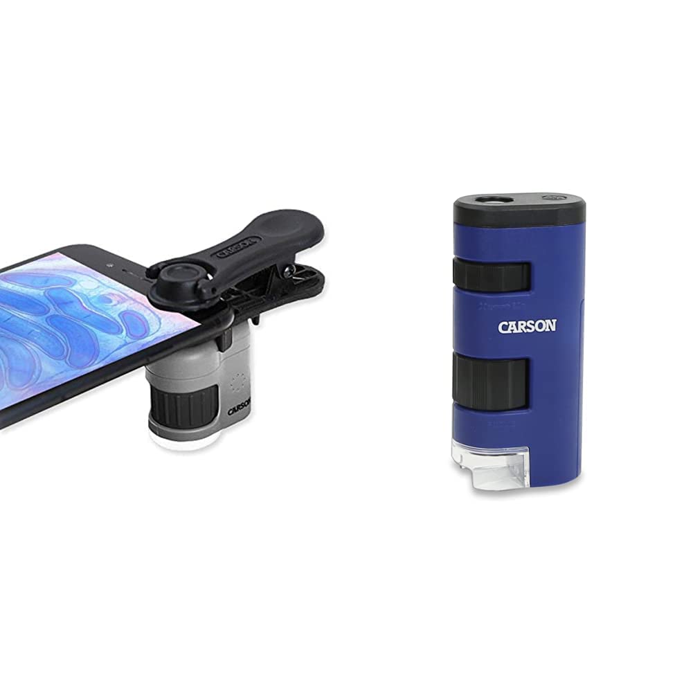 [Australia - AusPower] - Carson MicroMini 20x LED Lighted Pocket Microscope with Built-in LED and UV Flashlight & Pocket Micro 20x-60x LED Lighted Zoom Field Microscope with Aspheric Lens System (MM-450),Blue 