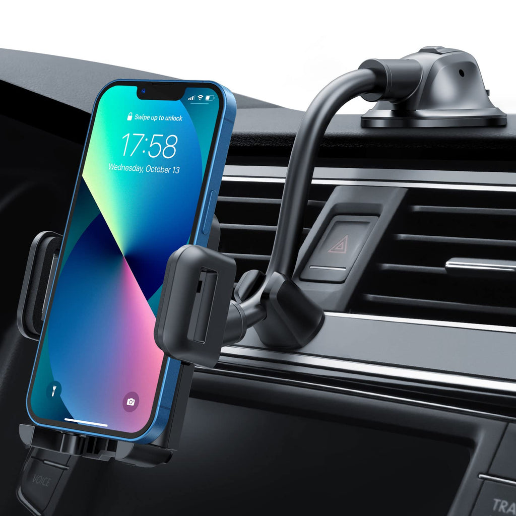 [Australia - AusPower] - Car Phone Holder Mount, Long Arm Dashboard&Windshield Phone Holder with Anti-Shake Stabilizer, Strong Suction Cup with Gel, One Button Release, Compatible with Mobile Phones Under 4.7-6.9 Inches 