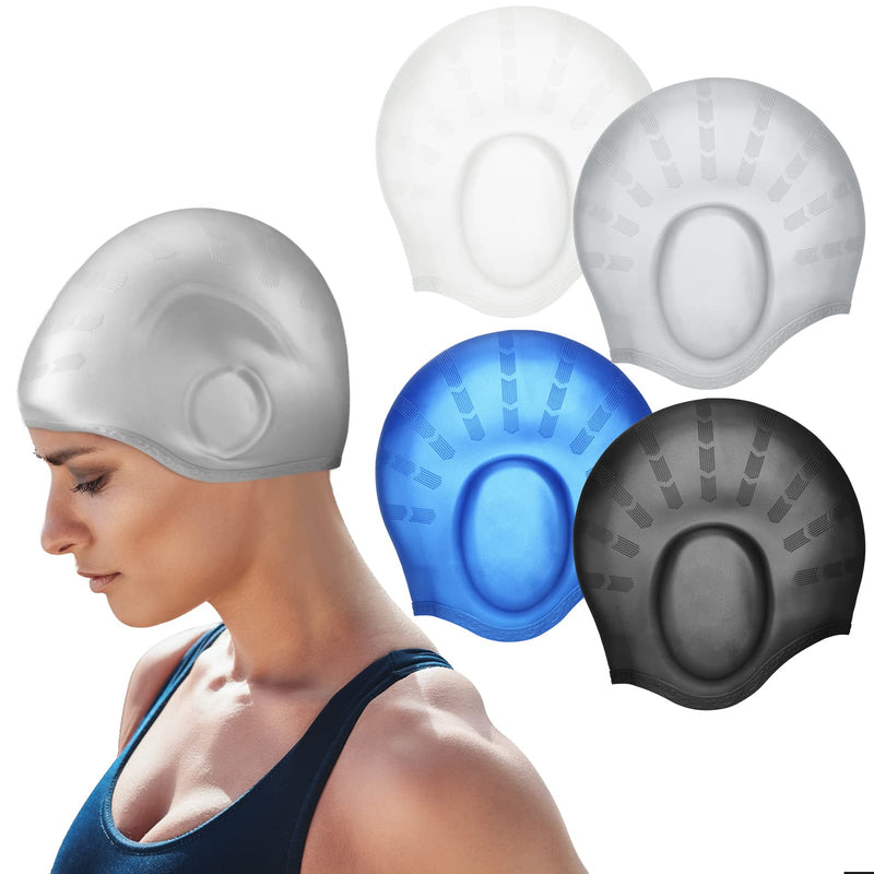 [Australia - AusPower] - 4 Pack Silicone Swimming Cap with 3D Ear Protection Cap Waterproof Bathing Solid Swimming Cap Swimming Unisex Bathing Swimming Hat for Kids Women Men Adults Child Youth Teen Long Hair, 4 Colors 