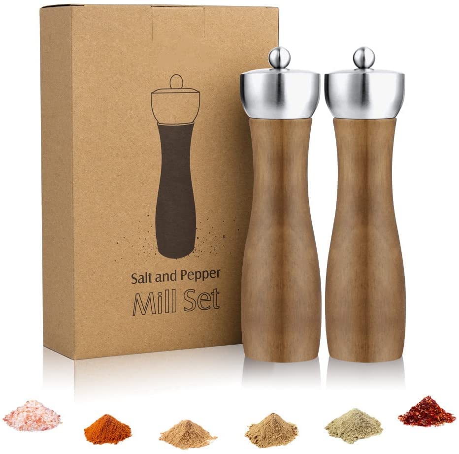[Australia - AusPower] - Salt Pepper Grinders Set Wooden - Table Wood Refillable & Adjustable Mill Large Tall Peppermill Long Modern Manual Peppercorn Coarse Shaker with Ceramic Mechanism for Kitchen 8 Inch Knob 