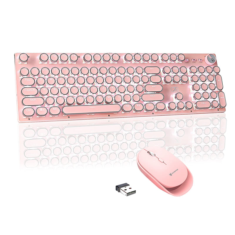 [Australia - AusPower] - Basaltech Pink Typewriter Keyboard with Pink Wireless Computer Mouse, 104 Keys Anti-Ghosting Blue Switch Keyboard with Bluetooth Computer Mouse 