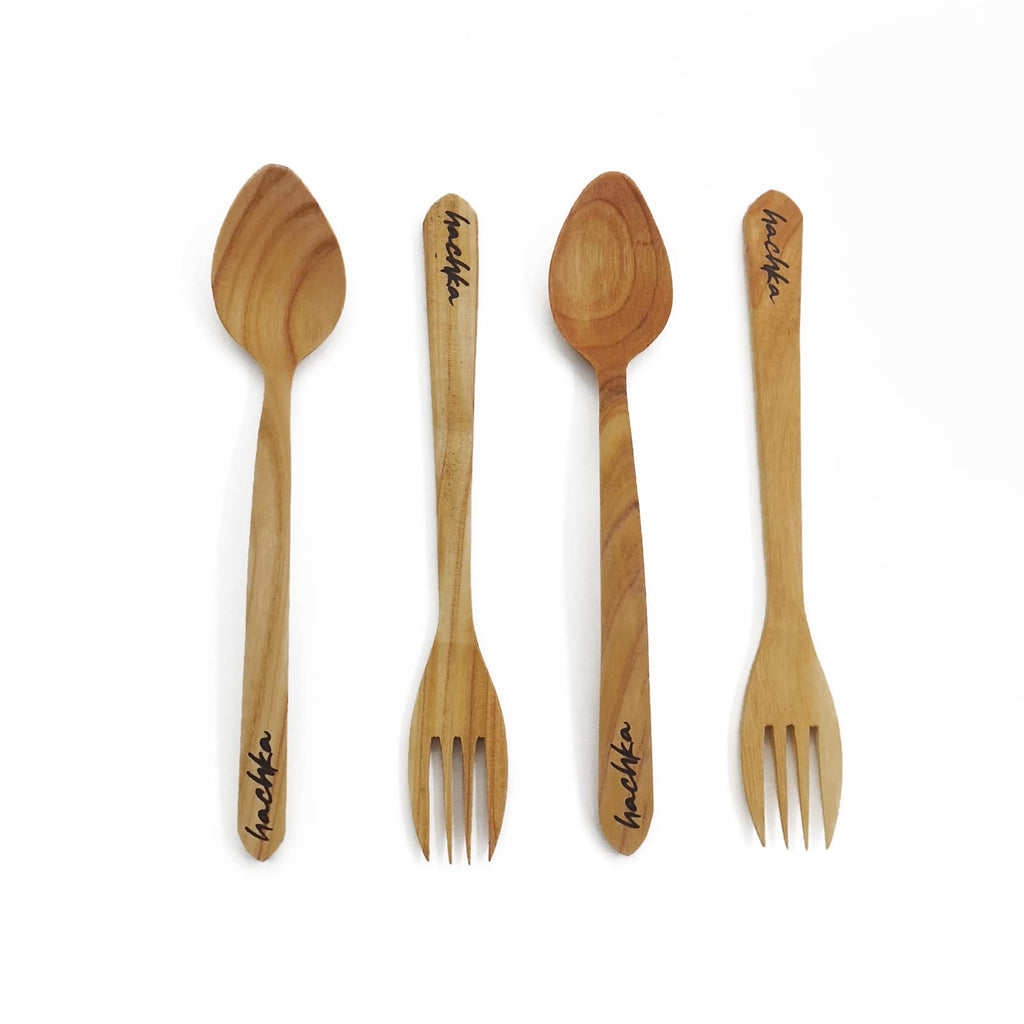 [Australia - AusPower] - Handmade Cherry Wood Spoons and Forks Set by hachka, 4 Pieces Reusable Wooden Spoons and Forks for Eating Made From Cherry Trees, Durable Natural Eco-friendly Wood Cutlery 