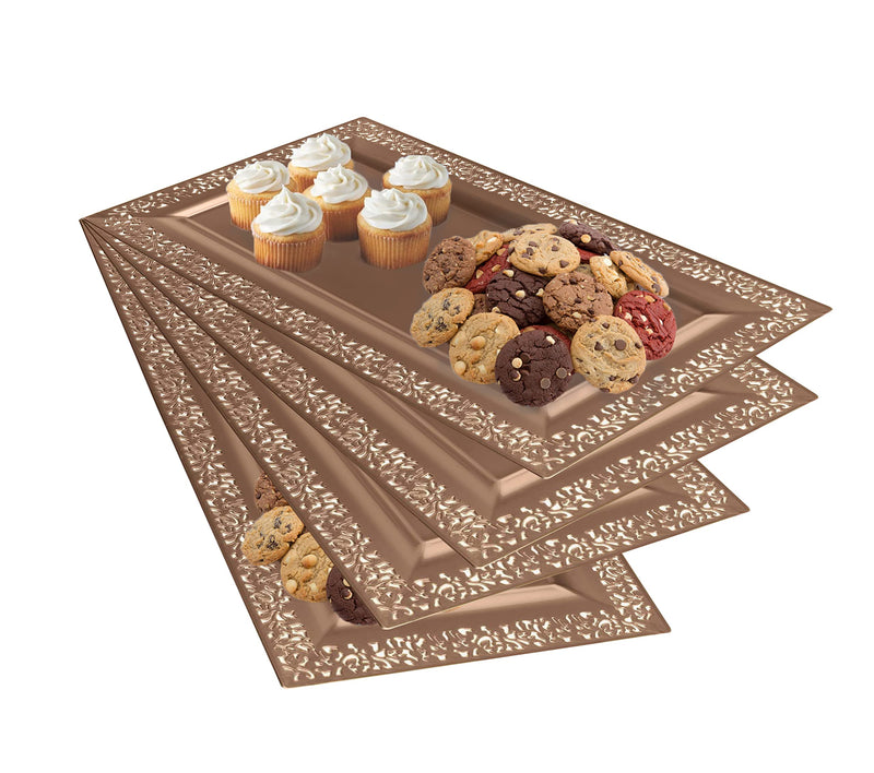 [Australia - AusPower] - 4 (pk) Yumchikel 14" x 7.5" Rose Gold Lace Rim Plastic Serving Trays & Platters | Heavy Duty Disposable Decorative Dessert Tray - Party Platters for Upscale Parties Weddings Brand: Yumchikel 
