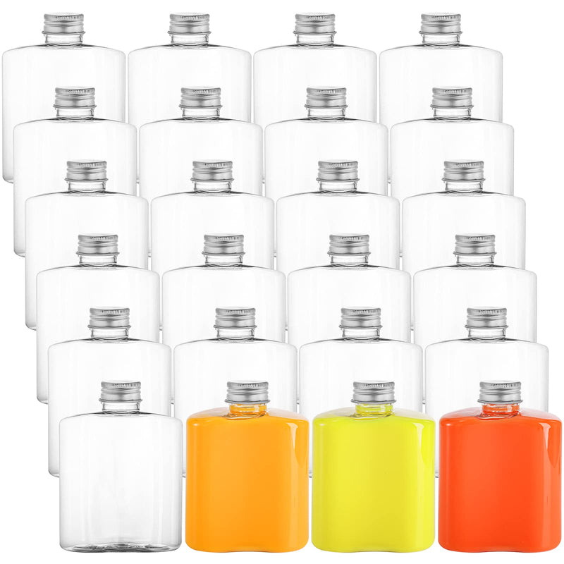 [Australia - AusPower] - Elsjoy 24 Pack Plastic Juice Bottles, 8.5 Oz Clear Liquid Bottle Flat Wide Beverage Container with Aluminum Cap, Portable Water Flask for Drinks, Milk, Tea, Alcohol, Leak Proof 