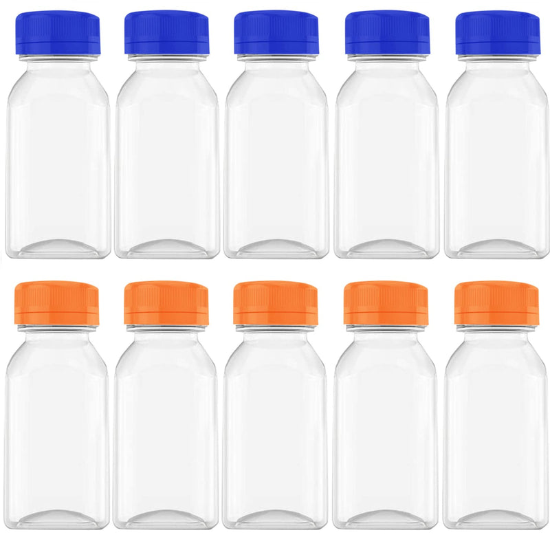[Australia - AusPower] - 4 OZ Plastic Juice Bottles, Reusable Bulk Beverage Containers, for Juice, Milk and Other Beverages, orange and blue 10 Pcs. 