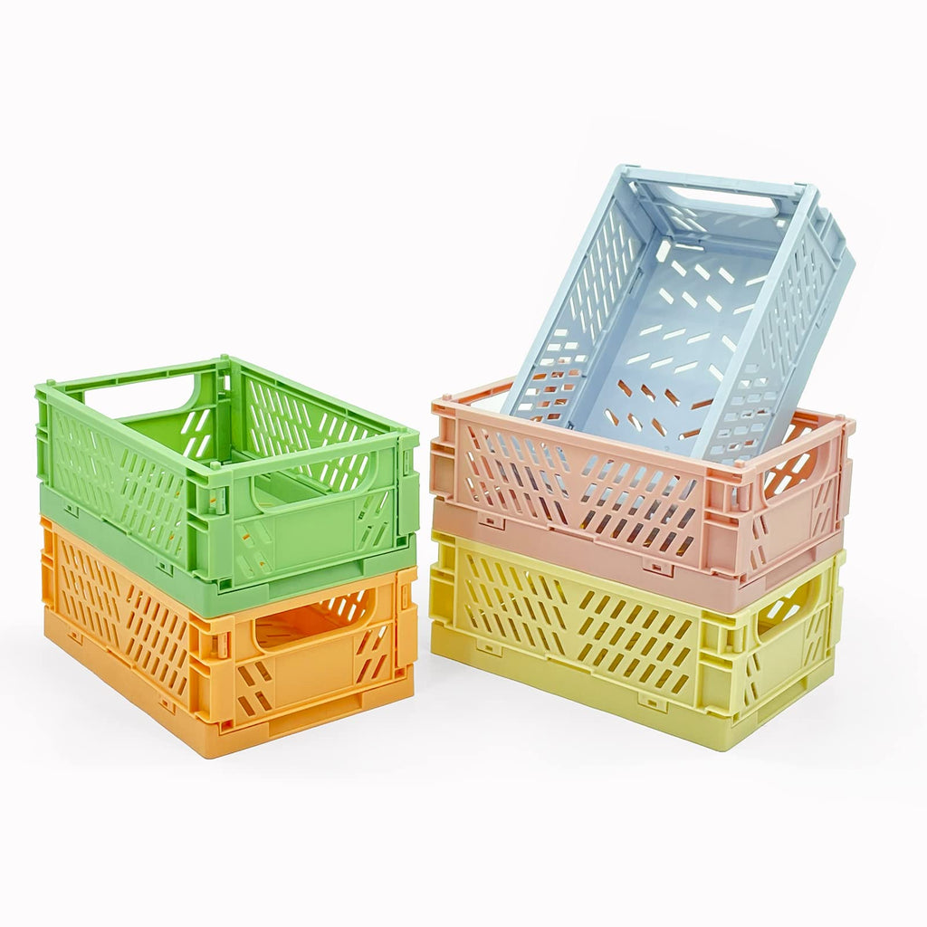 [Australia - AusPower] - 5-Pack Pastel Crates, Mini Plastic Baskets for Organizing and Storage, Collapsible Crate Stacking Folding Storage Baskets for Home Kitchen Bedroom Bathroom Office (5.9" x 3.8" x 2.2") 5.9" x 3.8" x 2.2" 