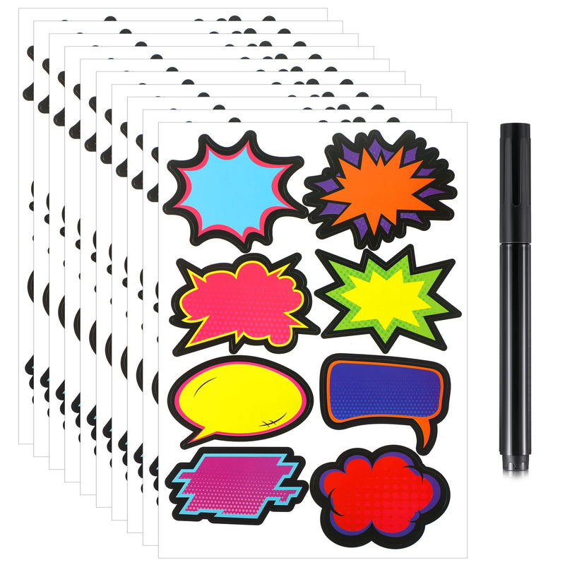 [Australia - AusPower] - 80 Pcs Colorful Name Tags Labels and A Permanent Marker Black Comic Self Adhesive Cool Name Tag Stickers Fine Point Tip Permanent Markers for School Office Students Home Classroom Decorations 