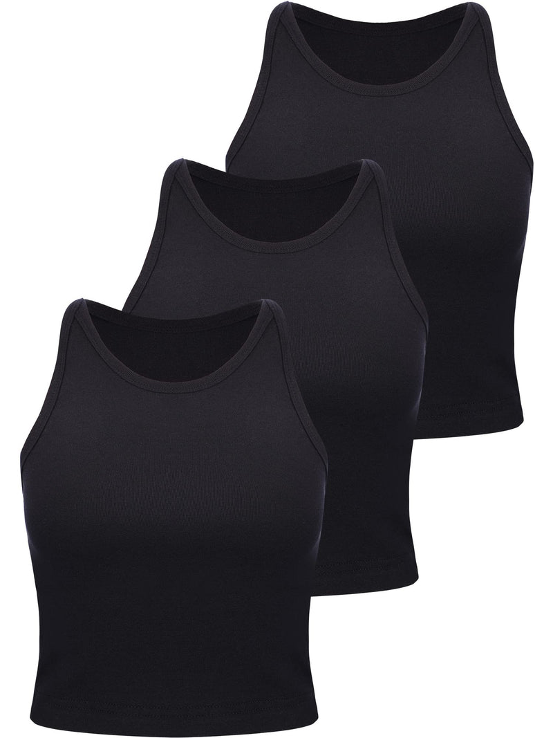[Australia - AusPower] - 3 Pieces Women's Cotton Basic Sleeveless Racerback Crop Tank Top Sports Crop Top for Lady Girls Daily Wearing Black Small 