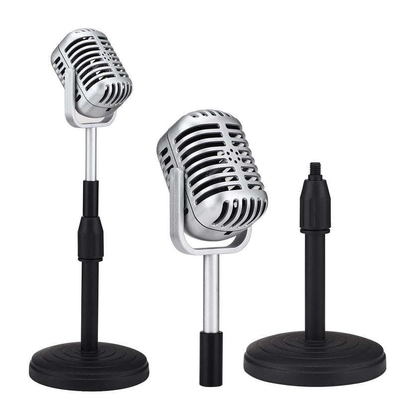 [Australia - AusPower] - Facmogu Vintage Desktop Microphone Prop Model with Adjustable Stand, Classic Retro Style Microphone Prop Decor for Party Decoration Costume Role Play & Game Night - Silver 