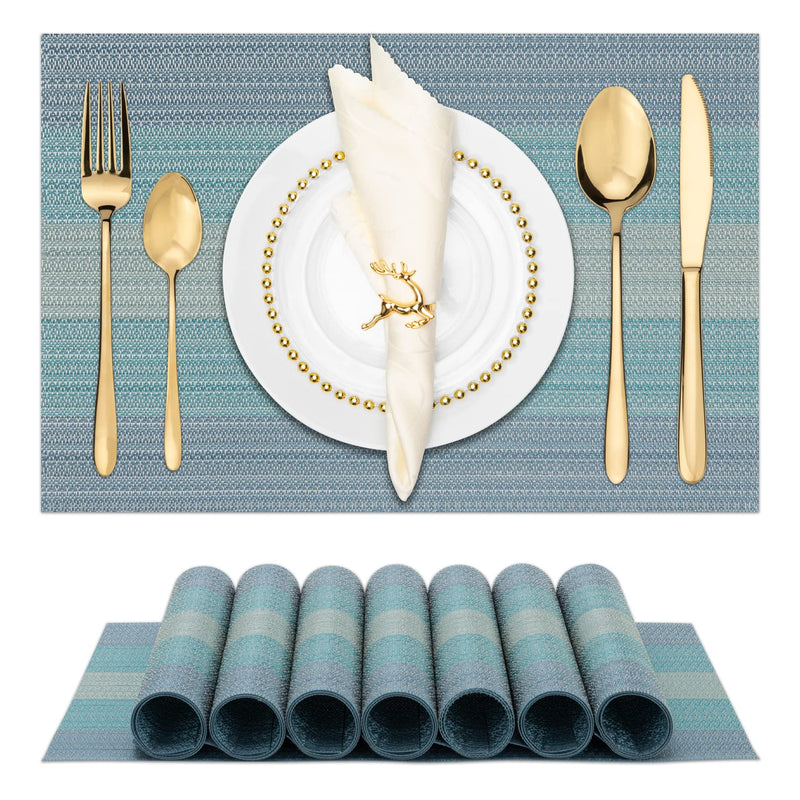 [Australia - AusPower] - Winknowl Placemats, Set of 8 Heat Resistant Stain Resistant Non-Slip Woven Vinyl Insulation Placemats, Durable Elegant Table Mats for Dining(Blue) Blue 