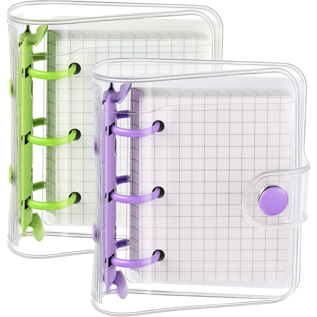 [Australia - AusPower] - 2 Sets Mini Transparent 3 Ring Binder Covers with Mini Binder Inner Paper Pockets Clear Soft PVC Notebook Closure Loose Leaf Folder Round Ring Binder Cover Protector with Snap Button (Green, Purple) Green, Purple 