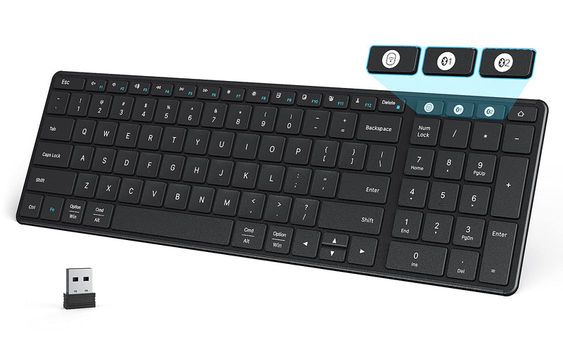 [Australia - AusPower] - seenda Wireless Keyboard - Multi-Device (2.4G+Dual Bluetooth 4.0) Rechargeable Keyboard with Numeric Keypad, Slim Compact Keyboard for Mac OS and Windows, PC, Tablet, Laptop, iPad, iPhone, Black 