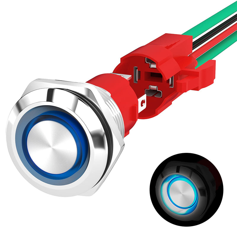 [Australia - AusPower] - Joinfworld Latching Push Button Switch 12V 20A Heavy Duty DC 12 Volt Waterproof Round Switch 19MM Metal Blue LED Ring Illuminated ON/Off Weatherproof with Wire for Marine Boat Car Truck 