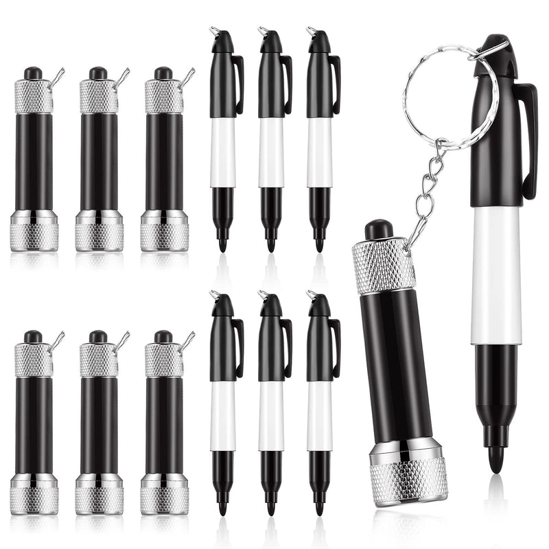 [Australia - AusPower] - 12 Pcs Set of Mini Flashlight Keychain Permanent Marker Keychain with 6 Pcs LED Mini Flashlight 6 Pcs Keychain Marker with Clip Black Pen Light Keychain for Nurses Office School 