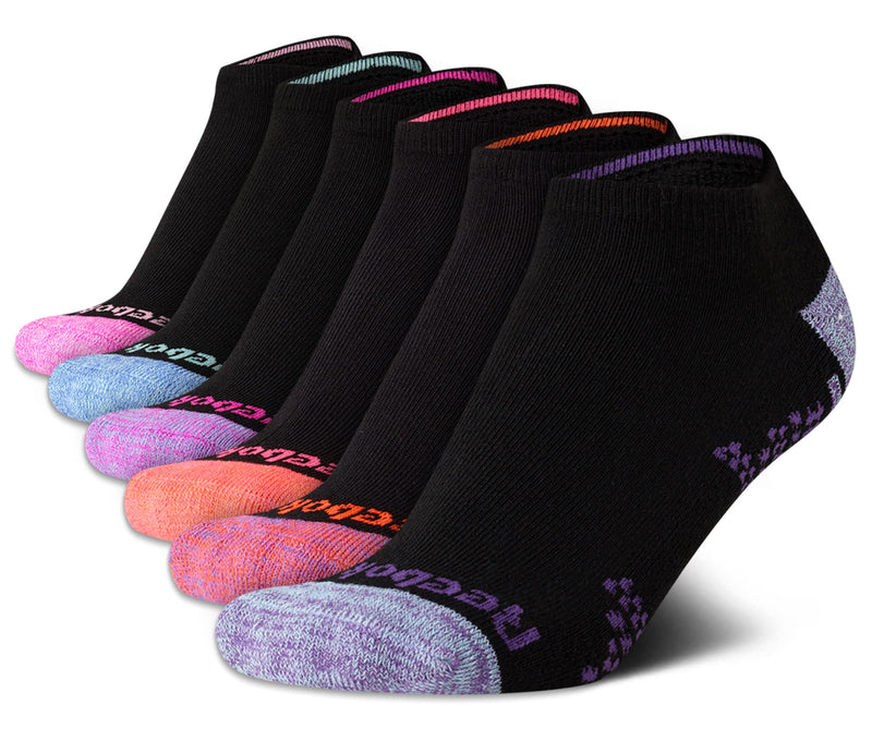 [Australia - AusPower] - Reebok Girls' Cushioned Comfort Athletic Performance No-Show Ankle Low Cut Socks (6 Pack), Size L/Shoe Size: 4-10, Black 
