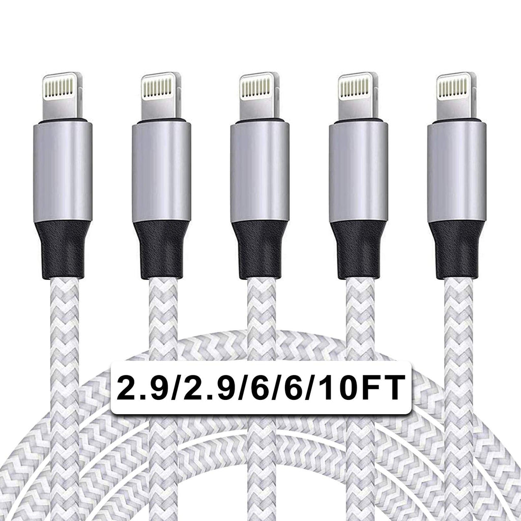 [Australia - AusPower] - iPhone Charger,WACAUR Lightning Cable 5PACK(2.9/2.9/6/6/10FT)[MFi Certified]Nylon Braided USB Charging Cable High Speed Data Sync Transfer Cord Compatible iPhone 13/12/11Pro Max/XS MAX/XR/XS/X/8/7iPad Silver and Grey 
