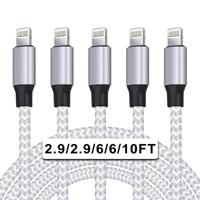 [Australia - AusPower] - iPhone Charger,WACAUR Lightning Cable 5PACK(2.9/2.9/6/6/10FT)[MFi Certified]Nylon Braided USB Charging Cable High Speed Data Sync Transfer Cord Compatible iPhone 13/12/11Pro Max/XS MAX/XR/XS/X/8/7iPad Silver and Grey 