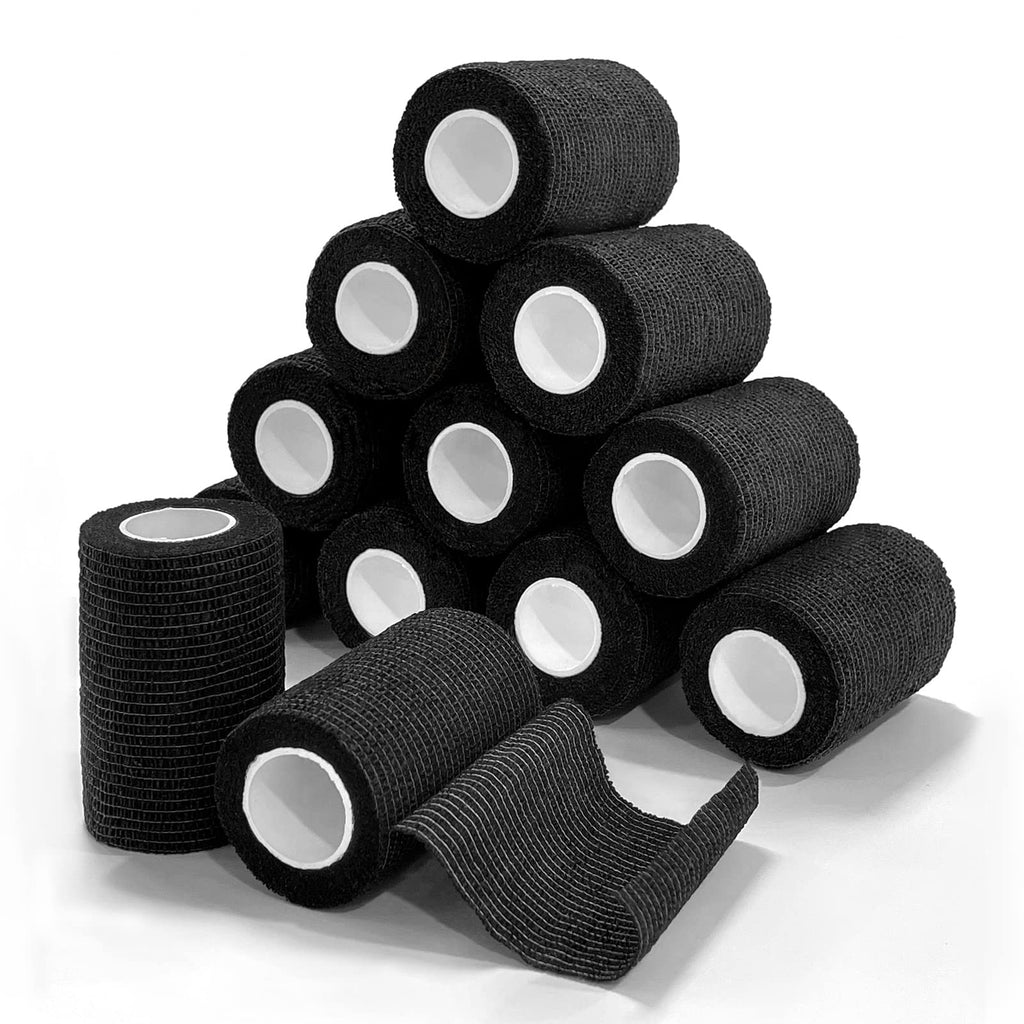 [Australia - AusPower] - 12 Pack Self Adhesive Bandage Wrap, 3 Inch x 5 Yards Cohesive Bandage, First Aid Medical Bandage Tape, Breathable Elastic Sports Athletic Tape for Ankle, Wrist, Knee, Foot Sprains & Swelling(Black)… Black (Pack of 12) 