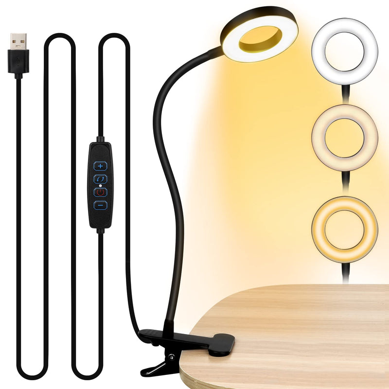 [Australia - AusPower] - Clip On Light Reading Light Lamp,48 LED Dimmable Gooseneck Clamp Desk Light Lamp,3 Light Color Clip On Ring Light for Books in Bed Headboard Computer Laptop Webcam Zoom(Black) Black 