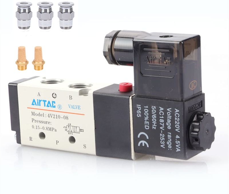 [Australia - AusPower] - Solenoid Valve 1/4"PT Pneumatic AirTAC 4V210-08 Air 12V/24V/110V/220V Single Coil Pilot-Operated Electric 2 Position 5 Way Connection Type (4V210 PT1/4, AC220V) 4V210 PT1/4 