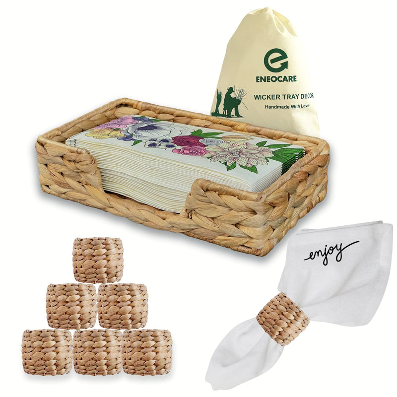 [Australia - AusPower] - Eneocare Flat Napkin Holder with Farmhouse Napkin Rings Set of 6 | Wicker Boho Napkin Rings and Woven Guest Towel Holder Tray for Bathroom, Cocktail, Restaurant, Dining (Water Hyacinth, Rectangle) Water Hyacinth 