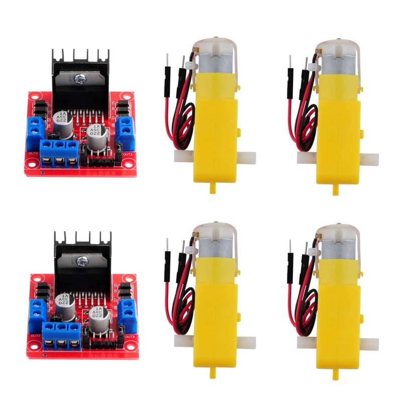 [Australia - AusPower] - Wishiot 2pcs L298N Motor Driver Board Control Module with 4pcs TT Motor Kit DC Gearbox Motor Soldered with 2Pin Male Dupont Wire Dual Shaft DC3-6V Ratio 1:48 200rpm 