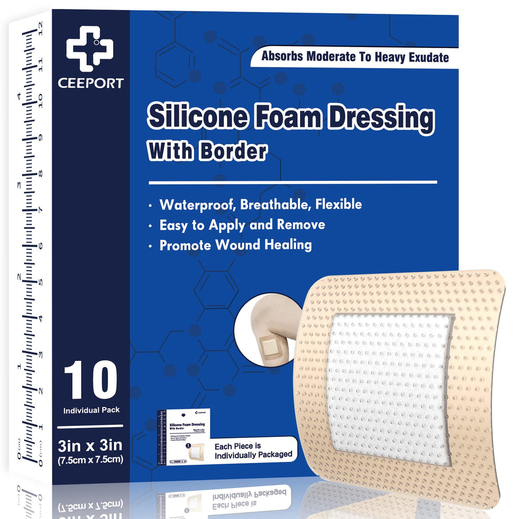 [Australia - AusPower] - Ceeport Silicone Foam Dressing with Adhesive Gentle Border 3" x 3" 10 Pack, Waterproof Wound Dressing, High Absorbency Bed Sore Wound Bandages, Square Breathable Foam Dressing for Wound Care 3x3 Inch (Pack of 10) 