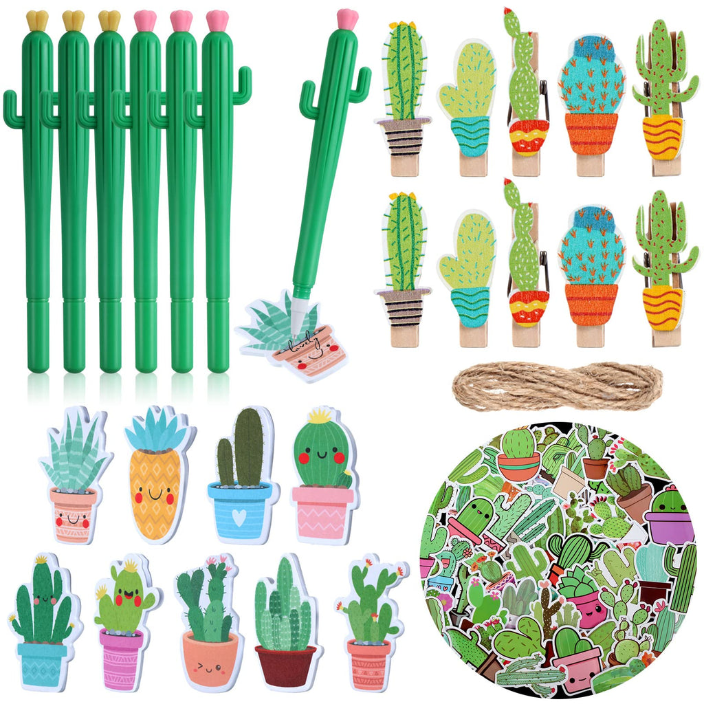 [Australia - AusPower] - 19 Pieces Cactus Shaped Roller Pens Sticky Notes Stickers Wooden Clothespins Set, Cute Gel Ink Pens Succulent Note Pad Vinyl Stickers Decorative Craft Clips for Office School Household Supplies 
